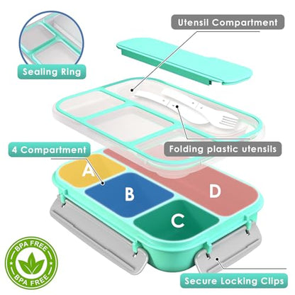 WHALEHOUSE Bento Lunch Box, 1000ML 4 Compartments Meal Prep Container with Utensil, Airtight Food Storage Container with Snap Locking Lids, Microwave/Dishwasher/Freezer Safe, On the Go - color: 1000mL-Green