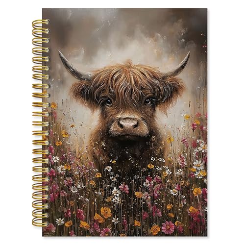 Highland Cow Lovers Gifts A5 Hardcover Spiral Notebook, Farmhouse Moody Floral Lined Notebooks Journal for Office Work School Composition, Vintage Dark Cottagecore Note Taking Notebook 5.5x8.3