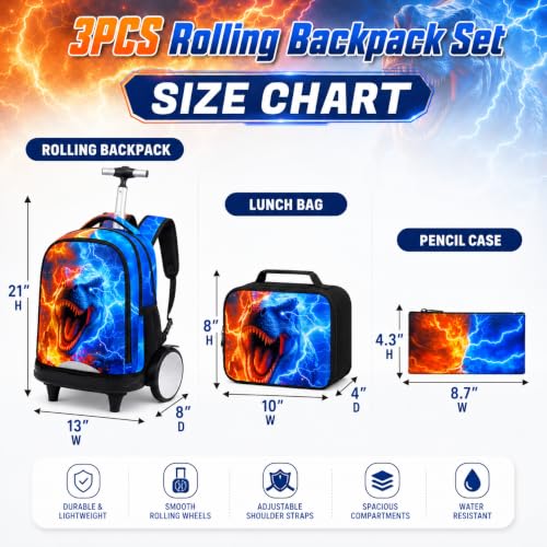 gxtvo Large Wheels & Quiet Glide | Rolling Backpack for Kids - Water-Resistant Wheeled Bag with Lunch Box for School, Travel & Outings - Fire & Lightning Dinosaur - color: Rolling Backpack Fire Lightning Dinosaur