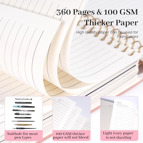 FLYING EAGLE Leather Spiral Notebooks for Work 5 Subject Notebook College Ruled with Dividers Pen, 360 Pages B5 Hardcover Lined Journals for Women Men Writing,Pink - color: C.pink