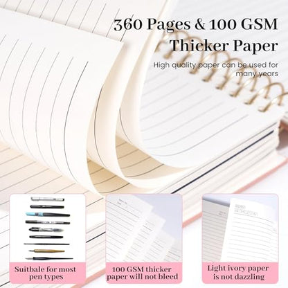 FLYING EAGLE Leather Spiral Notebooks for Work 5 Subject Notebook College Ruled with Dividers Pen, 360 Pages B5 Hardcover Lined Journals for Women Men Writing,Pink - color: C.pink