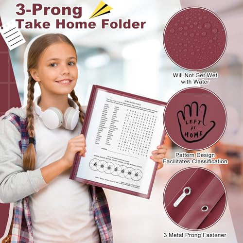 Henoyso 24 Pcs Plastic Folders with Clear Front Pockets and Prongs School to Home File Organizer Plastic Folder for Back to School Parent Teacher Communication Homework Office (Burgundy) - color: Burgundy