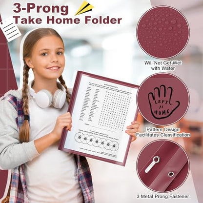 Henoyso 24 Pcs Plastic Folders with Clear Front Pockets and Prongs School to Home File Organizer Plastic Folder for Back to School Parent Teacher Communication Homework Office (Burgundy) - color: Burgundy