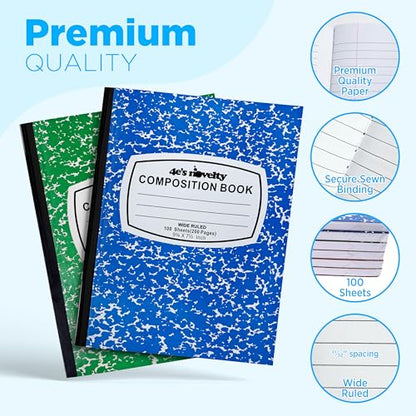 4E's Novelty Wide Ruled Composition Notebooks - Pack of 3-100 Sheets 9.75" x 7.5" - Hard Cover Red Blue Green Cute Marble Colors, Bulk Compositon Book Wide Ruling, Back to School Supplies - size: 3 Pack