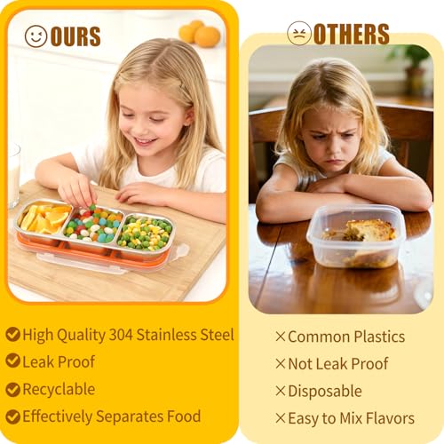 3 Pack Leakproof Stainless Steel Snack Containers with Lids, Reusable 3 Compartment Lunch Container, Stackable Snack Bento Box for Work, Travel & Picnic