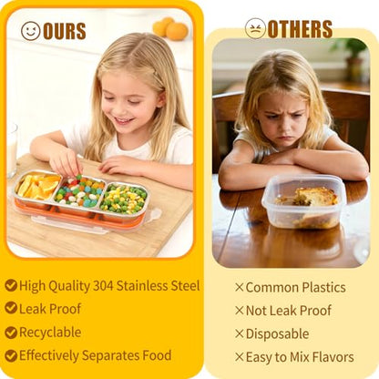 3 Pack Leakproof Stainless Steel Snack Containers with Lids, Reusable 3 Compartment Lunch Container, Stackable Snack Bento Box for Work, Travel & Picnic