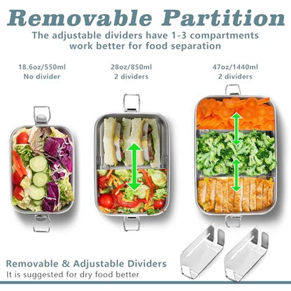 TeamFar Stainless Steel Bento Box, 3 Pack (16, 28 & 47oz) Metal Lunch Box with 3 Compartments for Adults Kids, Lunch Food Containers for School/Work/Meal Prep, Leak-Proof, 550ML+850ml+1400ML