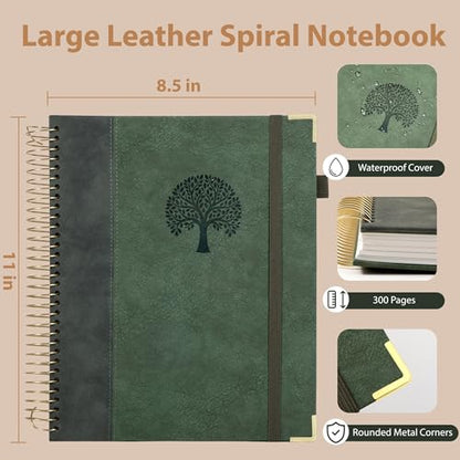 Yoment Hardcover Spiral Notebook 8.5" x 11" Leather 5 Subject Notebook College Ruled with Dividers Tabs 300 Pages Large Spiral Journal Notebooks for Work School Note-Taking Business, Green - color: Green