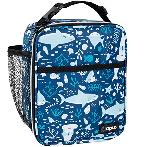 opux Insulated Lunch Bag for Kids Boys Girls, Small Compact Lunch Box with Wide Opening & Mesh Pockets, Reusable Lunch Pail for School, Work, Adults, Men, Women, Blue Shark - color: Blue Shark