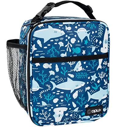 opux Insulated Lunch Bag for Kids Boys Girls, Small Compact Lunch Box with Wide Opening & Mesh Pockets, Reusable Lunch Pail for School, Work, Adults, Men, Women, Blue Shark - color: Blue Shark