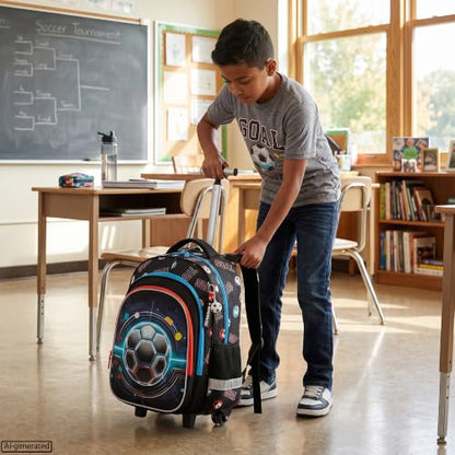 Meetbelify Rolling Backpack for Boys Backpack with Wheels Kids Football Roller Suitcase Travel Luggage for Elementary Student Ages 6-8 - color: Blue Football