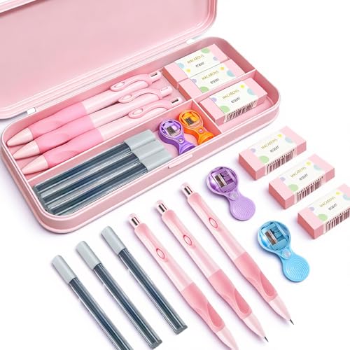 Cute Pink 2.0MM Mechanical Pencil Set Include 3 Kawaii 2.0MM Mechanical Pencils,3 Tubes Mechanical Pencil Lead Refills,3 Erasers,2 Sharpeners,Pink Storage Box for Office School Supplies