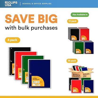 Spiral Notebook, 5 Subject Notebook, Wide Ruled Spiral Notebook, Spiral Notebook 8.5 x 11, Notebooks Bulk, School Supplies Bulk, Office Supplies Bulk, 2 Pocket Divider, 150 Sheets (5 Subject, 4 Pack)