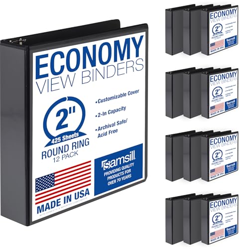 Samsill 2 Inch 3 Ring Binders, Economy Round Ring, Clear View Cover, 425 Sheet Capacity - for School, Home, Office - Black, 12 Pack - size: 12-Pack, style: 2 Inch