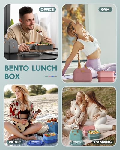 KEMETHY Adults Bento Lunch Box Set with Thermo Bag, 74oz Stackable Leak-proof 3-tiers Bento Box, Built-in Utensil and Sauce Container for Work, School, Dining Out (Green) - color: Lake Green