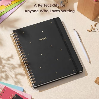 Hardcover Spiral Notebook Journal for Women & Men, Cute 5 Subject Notebook College Ruled for School & Work, Black Journaling Notebooks with Removable Dividers Tabs, 8" x 10", 300 Pages, Night Stars - color: Night Stars