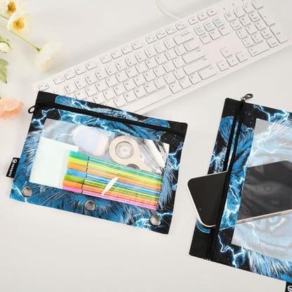 Blue Tiger Pencil Pouch for 3 Ring Binder Pencils Bag Pencil Case with Zipper Clear Window for School Office 2 Packs - color: Blue Lighting Tiger