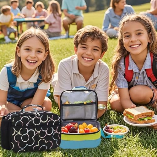 RHCPFOVR Kids Lunch Bag - Insulated Lunch Box for Boys Girls,Washable Lunch Bag and Reusable Toddler Leak-proof Lunchbox for School and Daycare - color: Black embroidered flowers