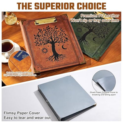 Ovesmusl 1 Inch 3 Ring Binder with Clipboard Leather Round Ring Binder with 5 Dividers, Plastic Folder, 400 Divider Stikers, Fits 175 Sheets 8.5"x11" Letter Size Paper, Tree of Life Brown - color: Brown Tree