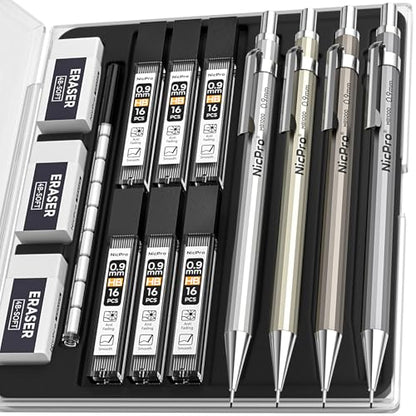 Nicpro 4 Pack Metal Mechanical Pencil Set 0.9mm, MB1000 Lead Drafting Pencil 0.9 mm with 6 Tube HB #2 Lead Refill, 3PCS 4B Eraser, 9 Cap Eraser for Artist Writing, Sketching, Drawing- Come with Case - style: 4 Pack （0.9mm）