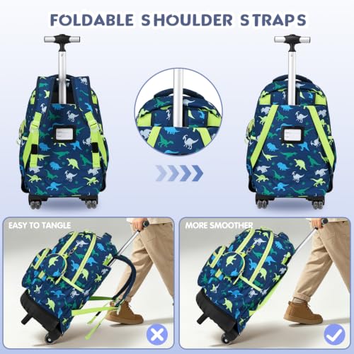 Rolling Backpack for Boys, 3PCS Roller School Backpacks for Boys with Lunch Bag and Pencil Pouch, Kids Bookbag School Bag with Wheels for Kindergarten Elementary Middle School Travel - color: Green Dinosaur