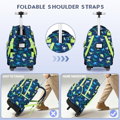 Rolling Backpack for Boys, 3PCS Roller School Backpacks for Boys with Lunch Bag and Pencil Pouch, Kids Bookbag School Bag with Wheels for Kindergarten Elementary Middle School Travel - color: Green Dinosaur