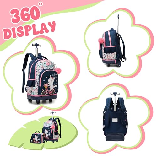 Backpack with Wheels for Girls Rolling Backpack for School with Lunch Bag Cute Carry On Backpacks for Elementary Student - color: Pink Cat