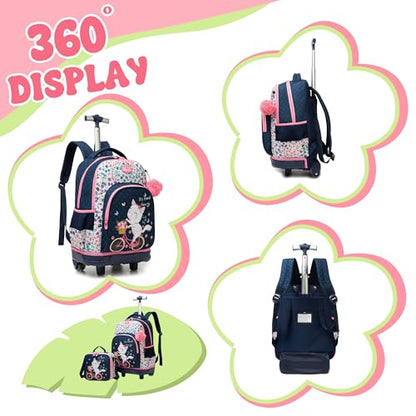 Backpack with Wheels for Girls Rolling Backpack for School with Lunch Bag Cute Carry On Backpacks for Elementary Student - color: Pink Cat