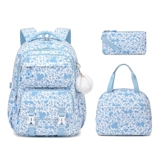 3Pcs Girls Backpack Set, Kids Backpack for Girls, School Bag for Primary Elementary Middle School Students, Bookbags for Teen Girl, Corduroy Laptop Backpack Travel Daypack, Blue Flowers - color: Blue Flower-3pcs