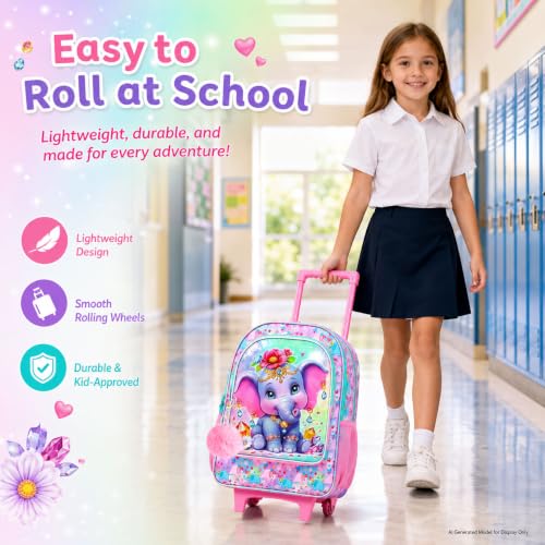 3Pcs Rolling Backpack for Girls, Kids Roller School Backpack with Wheels, Elephant Wheeled Bookbag for Elementary Preschool Kindergarten(Pink) - color: Elephant Pink