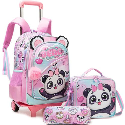 Meetbelify Girls Cute Backpack with Wheels for Elementary Students Kids Black Travel Luggage - color: Blue Panda