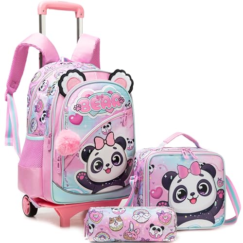 Meetbelify Girls Cute Backpack with Wheels for Elementary Students Kids Black Travel Luggage - color: Blue Panda