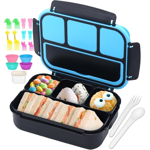 QQKO Bento Box for Kids Adults, School Toddler Lunch Box for Boys Girls, Lunch Box Containers with 4 Compartments, Sauce Container, Utensils, Food Picks and Muffin Cups for School, Black Blue - color: Black Blue