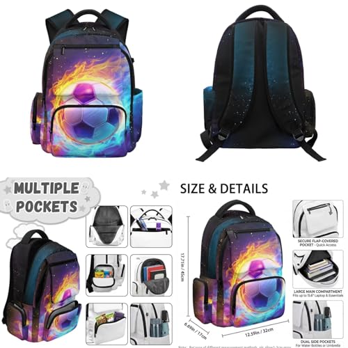 Flaming Soccer Backpack for Boys Girls 4-18 Kids Backpack with Lunch Box and Aesthetic Pencil Case 4 in 1 Set Bookbag for Elementary Kindergarten Large Capacity School Bag with Compartments - color: Flame Soccer