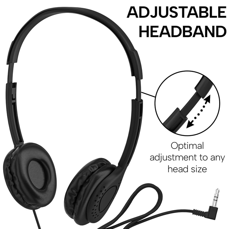 Maeline Kids Headphones for School Classroom K-12, Library, Museum, Travel, On Ear Stereo Headset with Adjustable Band & Faux Leather Cushions - 3.5mm Plug - 40 Pack - Black - color: Black - Leather, size: 40 Pack