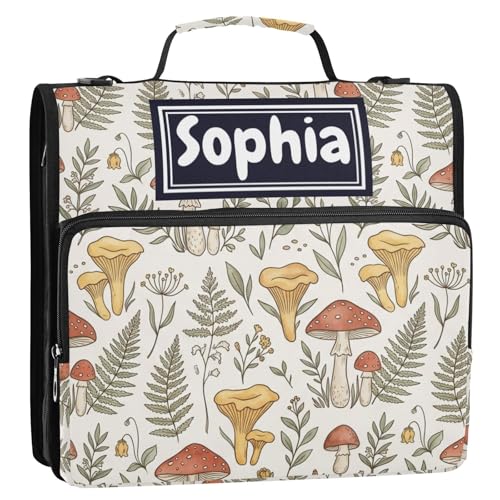 Mushroom Leaves Beige Print Custom Zipper Binder Bag 3 Ring with Shoulder Strap & Handle Personalized Binder Bag Expandable File Folder for School - color: Multi-mushroom Leaves Beige