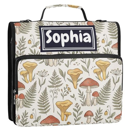 Mushroom Leaves Beige Print Custom Zipper Binder Bag 3 Ring with Shoulder Strap & Handle Personalized Binder Bag Expandable File Folder for School - color: Multi-mushroom Leaves Beige