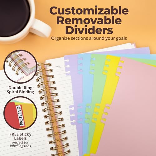 Hardcover Leather Lined Spiral Notebook 8x10" with Removable Dividers - Pink - 300 Pages 5 Subject College Ruled Notebook for Work with Tabs, Pockets, and Pen Loop for Note Taking, Large Journal - color: Pink