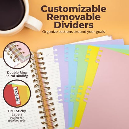 Hardcover Leather Lined Spiral Notebook 8x10" with Removable Dividers - Pink - 300 Pages 5 Subject College Ruled Notebook for Work with Tabs, Pockets, and Pen Loop for Note Taking, Large Journal - color: Pink