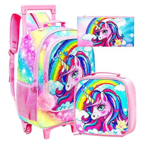 3Pcs Rolling Backpack for Girls, Kids Unicorn Roller Bookbag with Wheels, Wheeled School Bag Set for Elementary -Rainbow - color: Unicorn Rainbow