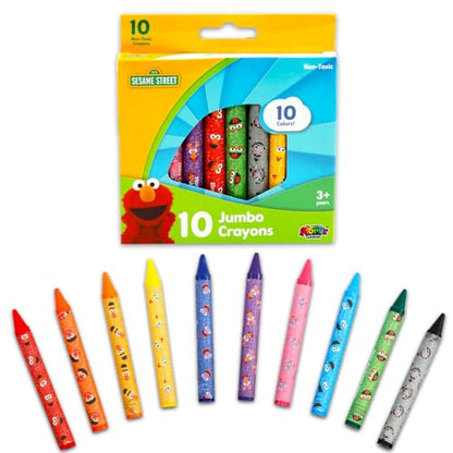 Sesame Street Jumbo Crayons for Toddlers - Bundle with 10 Chunky Coloring Utensils for Toddlers Featuring Elmo for Classrooms | Sesame Street Beginner Crayon Set