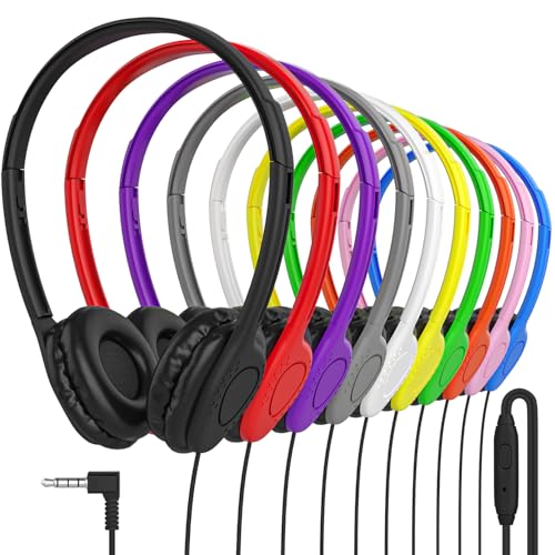 Maeline Bulk Headphones with Microphone, 10 Pack Multicolor Wired On-Ear Headsets – 3.5mm Jack, Leatherette Cushions, Adjustable Headband – for Classrooms, Libraries, Remote Learning, Office - color: Multicolor, size: 10 Pack