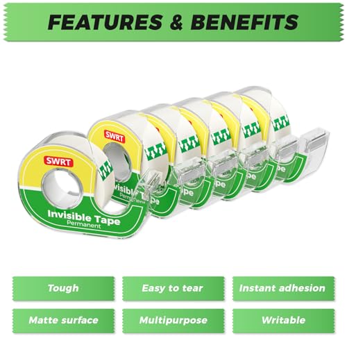 SWRT Invisible Tape with Dispensers, Matte Finish Clear Tape, 6 Rolls, 3/4 in x 800 Inches Each, Office Tape Rolls for Gift Wrapping, Home, School & Scrapbook Supplies - size: 6-PACK w/DISPENSER