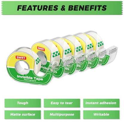 SWRT Invisible Tape with Dispensers, Matte Finish Clear Tape, 6 Rolls, 3/4 in x 800 Inches Each, Office Tape Rolls for Gift Wrapping, Home, School & Scrapbook Supplies - size: 6-PACK w/DISPENSER