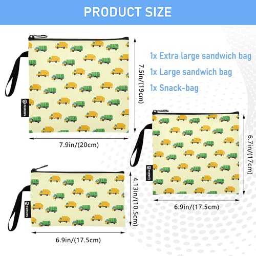 Reusable Food Storage Bags Garbage Truck 3 Pack Set Lunch Bag Compact Sandwich Snack Bag Small Medium Large for Lunch, Travel & Organization - color: Bag 3