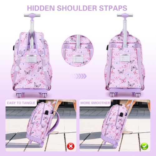 DIGOBAY Rolling Backpack for Girls, Cute Girls Backpack with Wheels, Kids Wheeled backpacks Set with Lunch Bag Pencil Case for Teen Girl, Roller School Bag with Wheels for Elementary Middle School - color: Butterfly