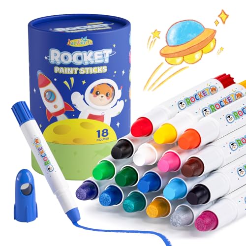 JUPITEARTH 18 Colors Rocket Tempera Paint Sticks for Kids Ages 4-8 and Toddlers, Fun Gift with Storage Bucket, Non-Toxic, Washable, Mess-Free, Twistable with Silky Smooth Feel - color: 18 Colors (Classic, Metallic)