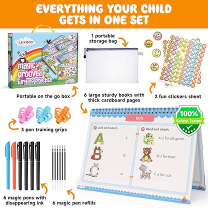 Magic Grooved Writing Practice for Kids Ages 3-8, Reusable Handwriting Practice Books Set (6 Books) with Disappearing Ink Pens, Letter/Number Tracing, Preschool & Kindergarten Learning Kit