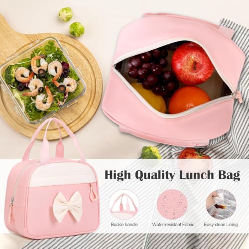 Bevalsa Backpack for Girls, Bow Bookpack with Bento Lunch Box, Insulated Bag & Utensils, 34oz Lunch Containers School Bags Set for Children Teens Kids Elementary Middle school Student (Pink) - color: Pink
