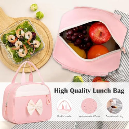 Bevalsa Backpack for Girls, Bow Bookpack with Bento Lunch Box, Insulated Bag & Utensils, 34oz Lunch Containers School Bags Set for Children Teens Kids Elementary Middle school Student (Pink) - color: Pink
